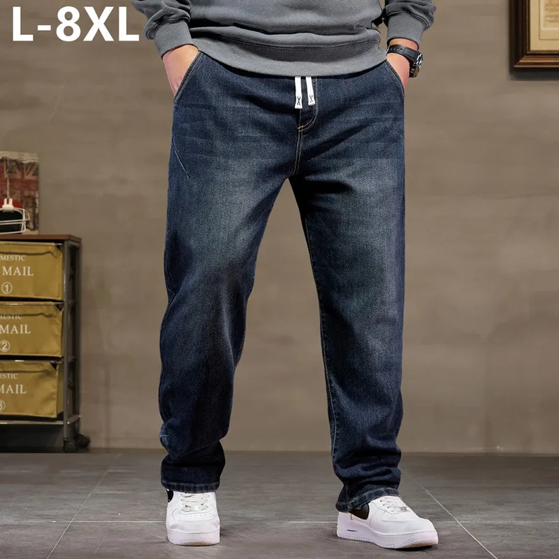 

Мужские свободные джинсы 8XL 7XL, прямые джинсы для папы, большие размеры 140 кг, растянутые мужские джинсовые брюки с высокой талией, толстые 6XL, повседневные брюки большого размера