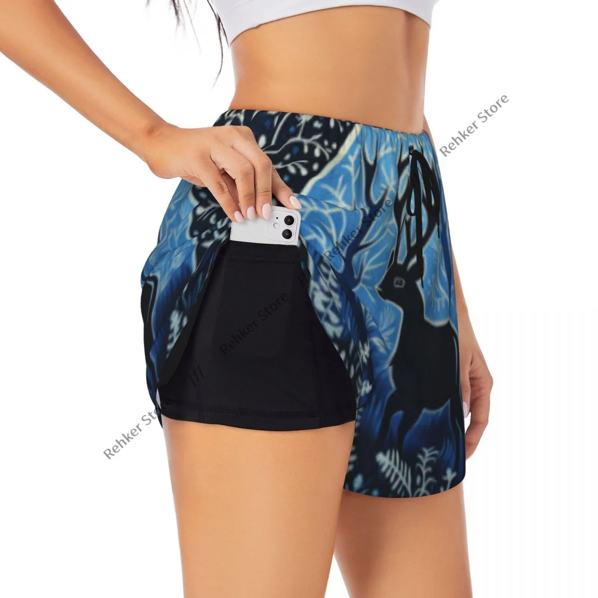 운동 반바지 여성 피트니스 빠른 건조 더블 레이어 반바지 숲 속의 사슴 운동 요가 짧은 바지 체육관 레깅스