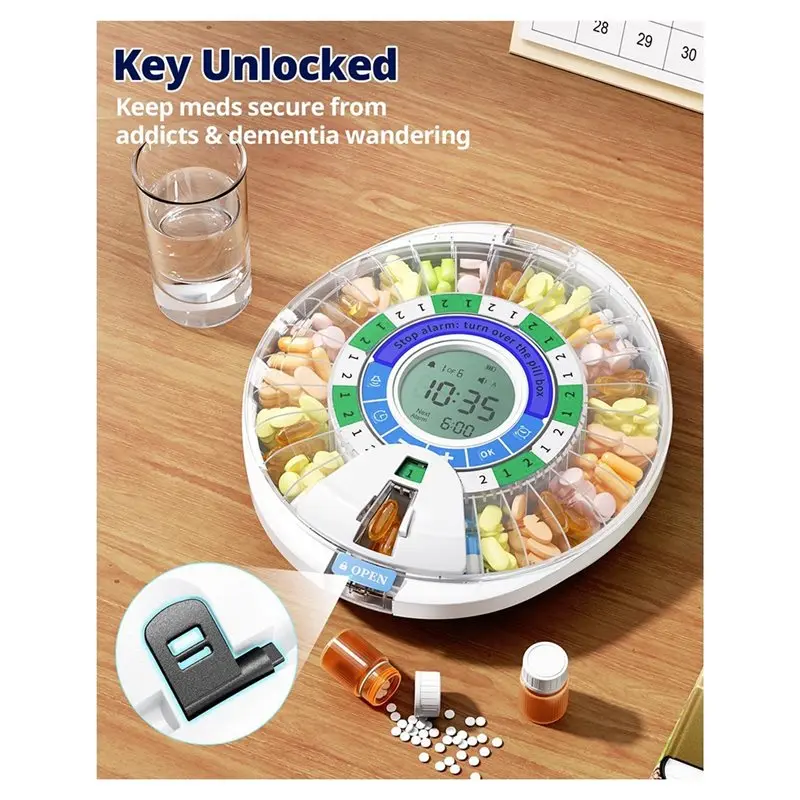 AEE4-Automatic Pill Dispenser For Elderly With Alarms - 28 Slots, Key Locked, Alarms & Light Reminder, Mix-Proof, XL Display