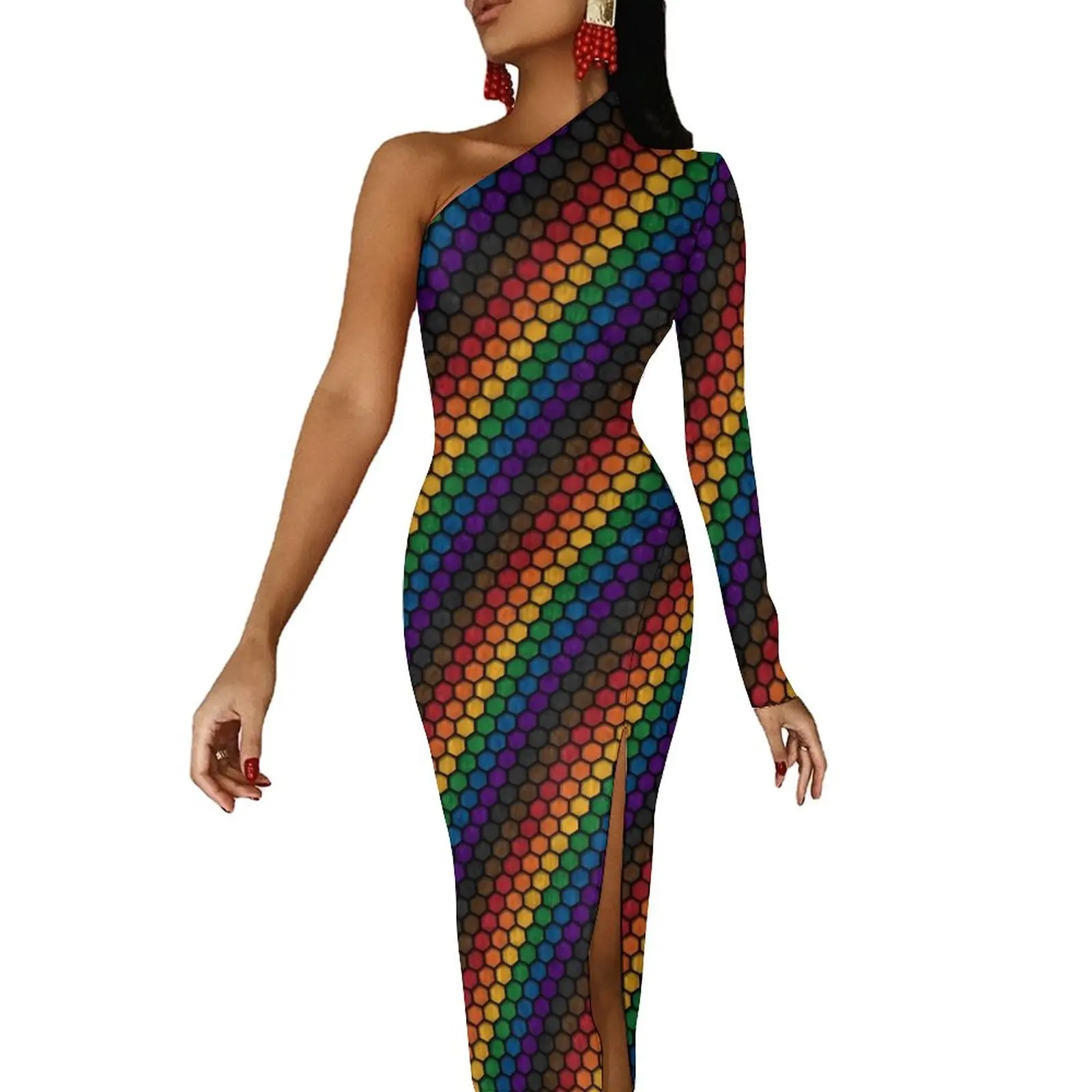 Robe longue imprimée ruches pour femmes, Rainbow Pride Feel Aesthetic Maxi fur s, Kawaii Drum con fur ses, High Slit Design, Spring