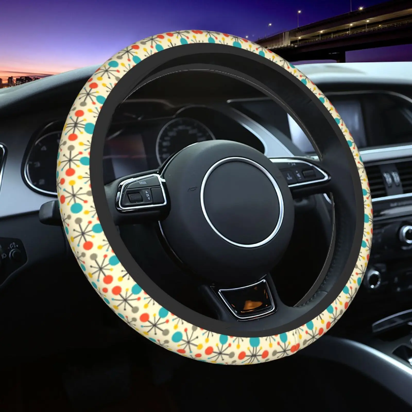 Mid Century Fifties Modern Atomic Retro Print Car Steering Wheel Cover 37-38 Anti-slip Colorful Auto Decoration Car Accessories