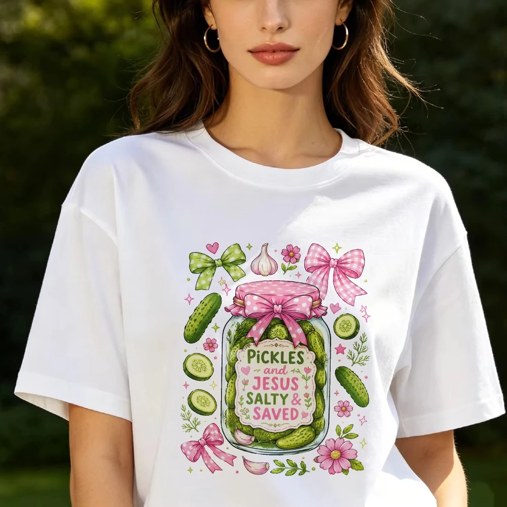 Coquette Bow Pickles And Jesus Floral Graphic T Shirt Women Cute Gingham Ribbon Jar Print Tee Cotton Christian Girly Faith Tops