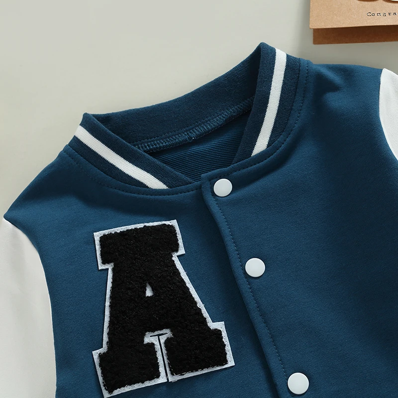 Unisex Varsity-jassen voor kinderen, baby's, alfabetprint, kleurblok, lange mouwen, button-up jas, herfst-winter bovenkleding, jas