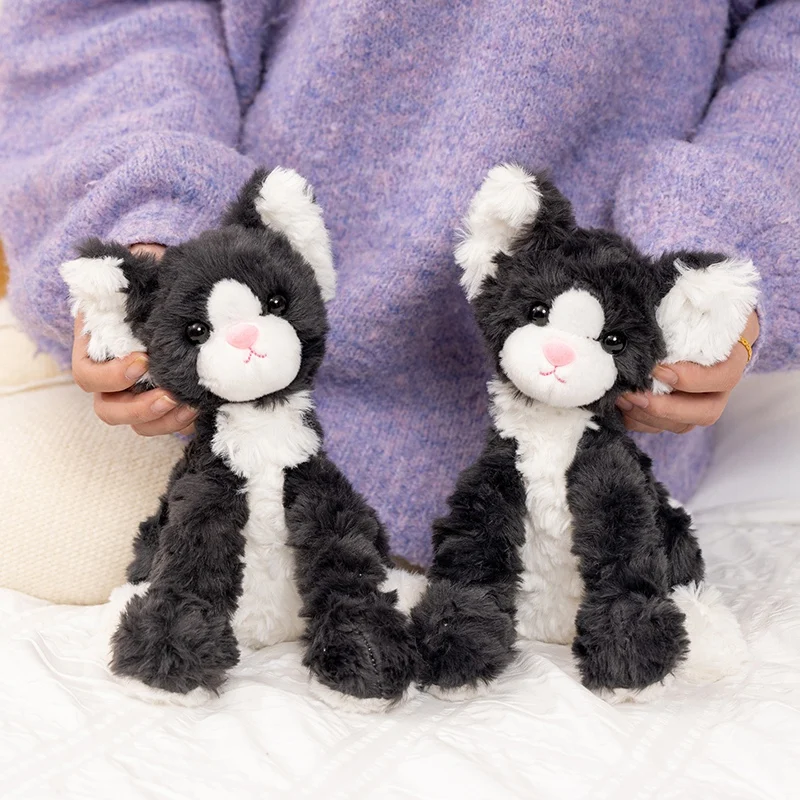 Healing Series Schwarz-weiße deutsche Katze Plüschpuppe 25 cm langes Bein Haustier Deutsches Rex Plüschtier Kindergeburtstagsgeschenk Weihnachtsgeschenk