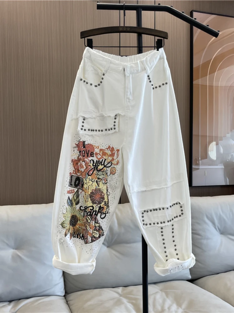 

Fashionable Printed Rhinestones White Jeans for Women 2023 Summer New Elastic Waist Loose Painted Cropped Harem Pants female