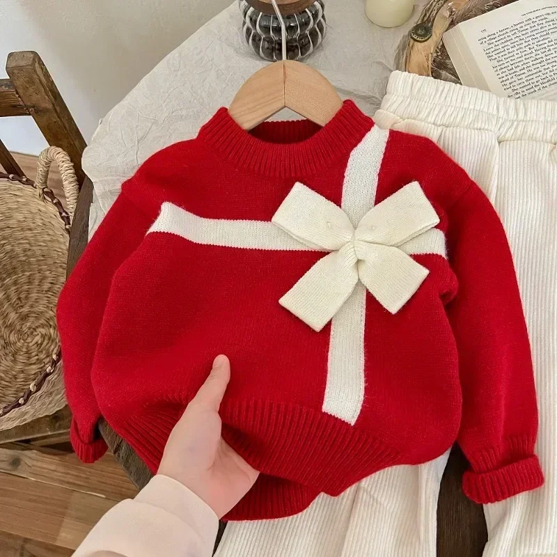 Girls\' Autumn Christmas Sweater Baby Girls\' Big Bow Knitted Sweater Coat Clothes 2023 Autumn/Winter New Pants for Girl