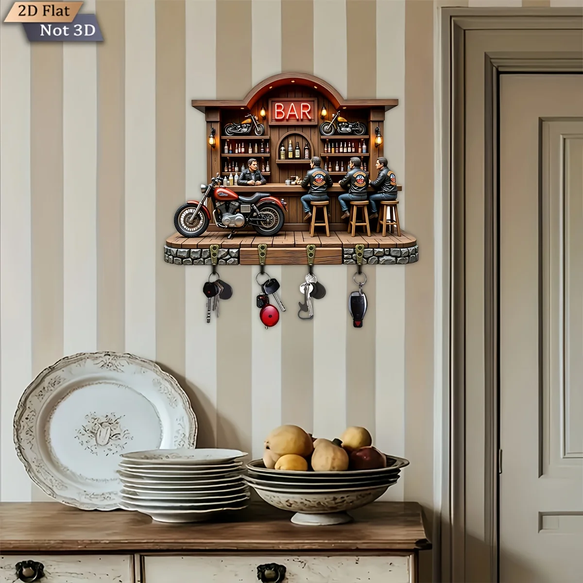 2D Flat, 1pc, Motorcycle Bar Theme Key Hook, Wooden Multifunctional Home Key Rack, with Four Metal Hooks, Wall Decoration,