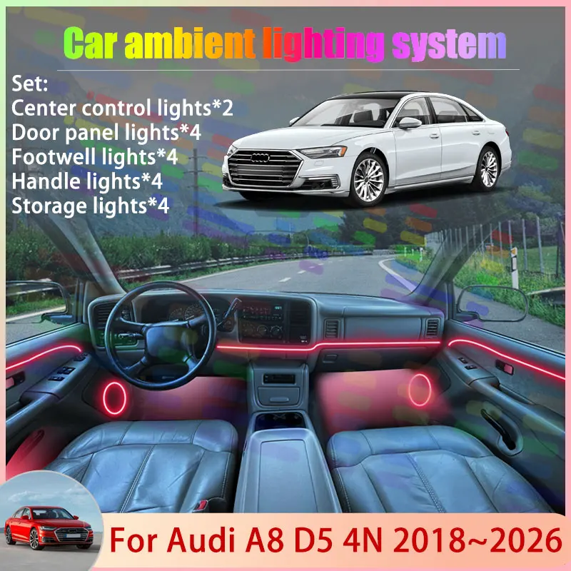 

Для Audi A8 D5 4N 2018 ~ 2026 2019 2020 2021 2022 2/18 в 1 автомобильный атмосферный светильник RGB абажур ансамбль стример атмосферный набор