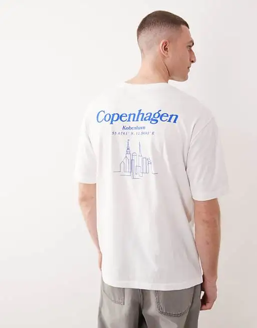 oversized fit T-shirt with Copenhagen back print in white High-end Luxury Unisex Style Both of Men and Women