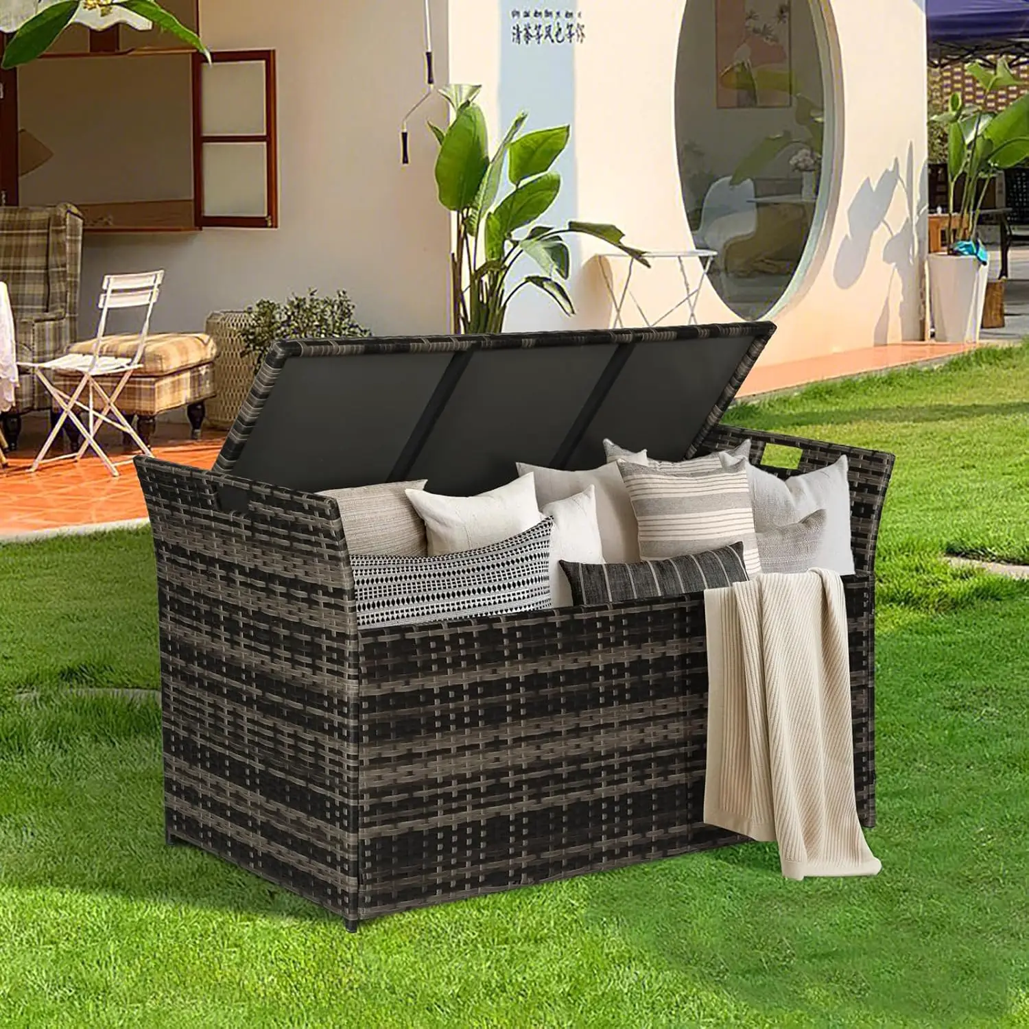 

90 Gallon Patio Storage Bench, Outdoor Wicker Deck Box with Cushion, PE Rattan Box with Handles (Grey), Customized