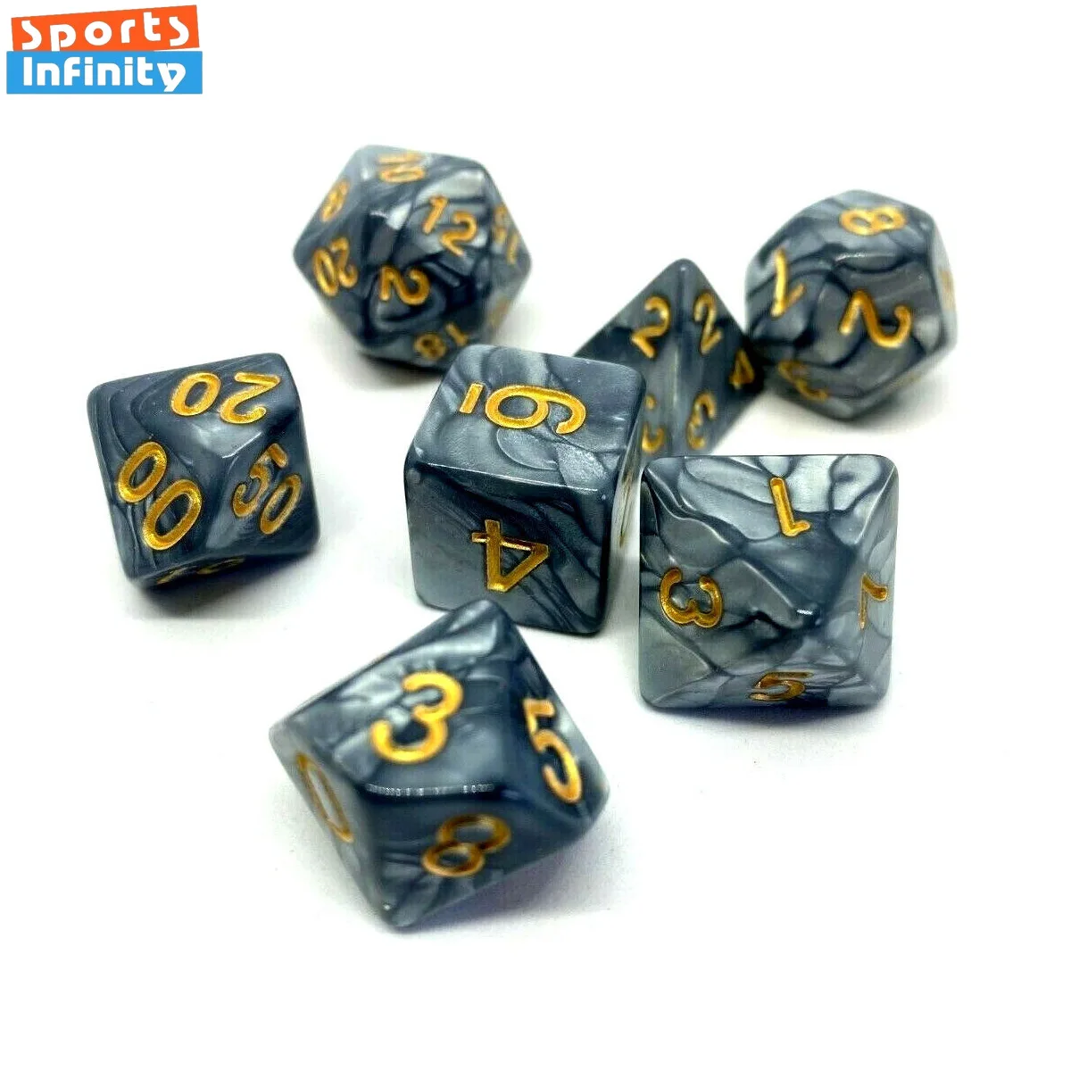 7 Pcs Dices Set Gray Grey Gold Digital Games Dice 16 18 20mm Numbers of D4 D6 D8 D10 D% D12 D20 Polyhedral for DND Playing TRPG