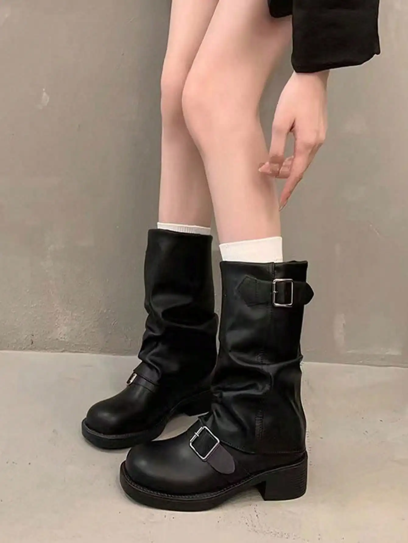 Women's Black Fashion Boots New Buckle European And American Niche Thick Heel Thick Bottom Lightweight Western Pile Boots Pleated Boots Women's Autumn And Winter New Retro Motorcycle Boots Slim Fashion Knight Boots Brown sx25061951424434222