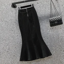 Ruffle Zipper Women's Denim Skirt Coquette Midi Black Sexy Blue Female Jeans Skirts Luxury Elegant Y2k Vintage Chic 2024 Trend V