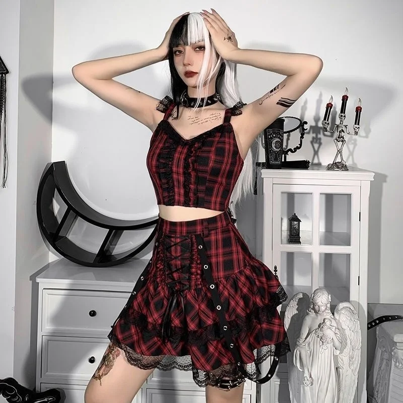 

Darklooks dark subculture Gothic Plaid suspender lace strap pleated skirt set women's two-piece set