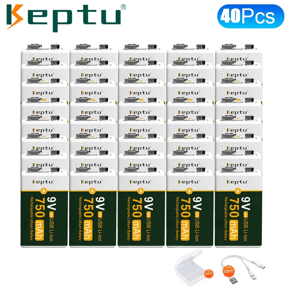 40Pcs KEPTU Type-C USB 9 Volt Li-ion Rechargeable Battery 6F22 9V Lithium Battery for Metal Detector Microphone + Cable