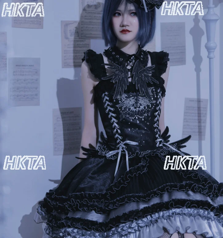 

Japanese Lolita Subculture Goth Y2k New Heavy Ironing Flying Sleeve Short Suspender Slim Waist Lace Strap Black Top Corset Women