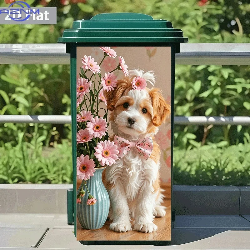 2D Flat Printing 1pc Trash Can Sticker, Cute Dog with Flowers Theme Design, Self-Adhesive Wall Decal for Kitchen Trash Can Dec