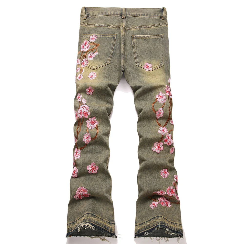 Herren-Jeans mit Sakura-Stickerei, Streetwear, Boot-Cut-Hose, ausgestellter Saum, ausgestellte Hose mit Rissen und Kirschblüten-Design – Detail 26