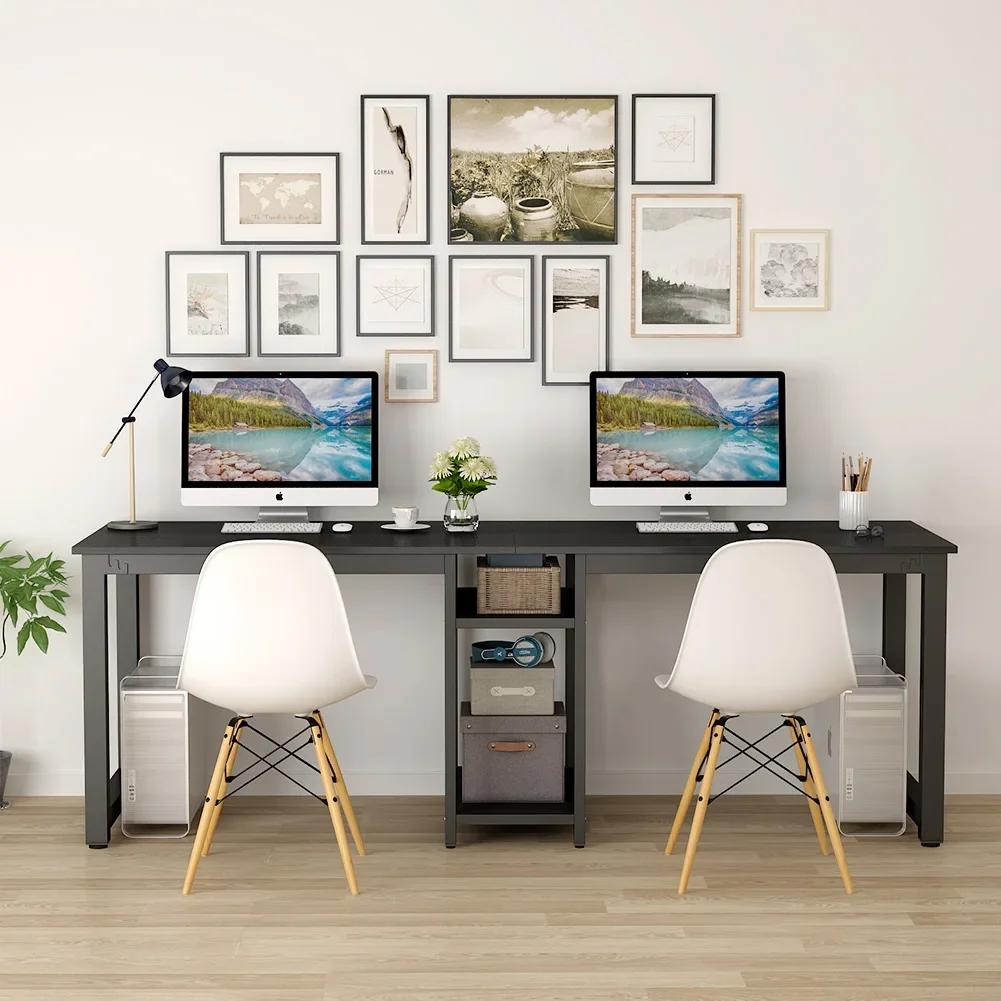 

Tribesigns 78 inch Two Person Desk, Extra Long Double Computer Desk with Storage Shelves, Writing Desk Workstation (Black)