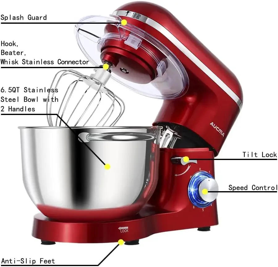 Stand Mixer,6.5-QT 660W 6-Speed Tilt-Head Food Mixer, Kitchen Electric Mixer with Dough Hook, Wire Whip & Beater 2 Layer R