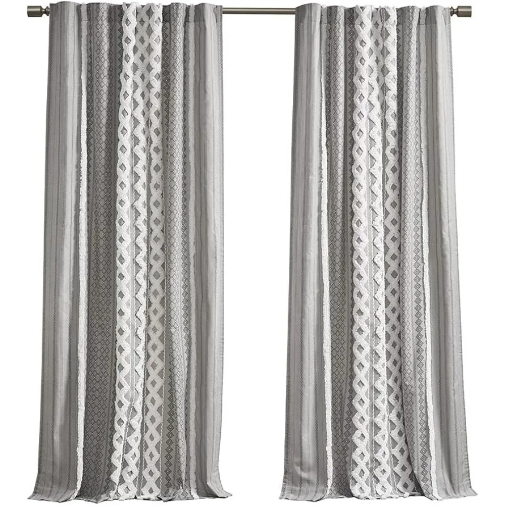 Gray Chenille Striped Cotton Curtain Panels with Lining, 50x95, Suitable for Durable Window Treatments