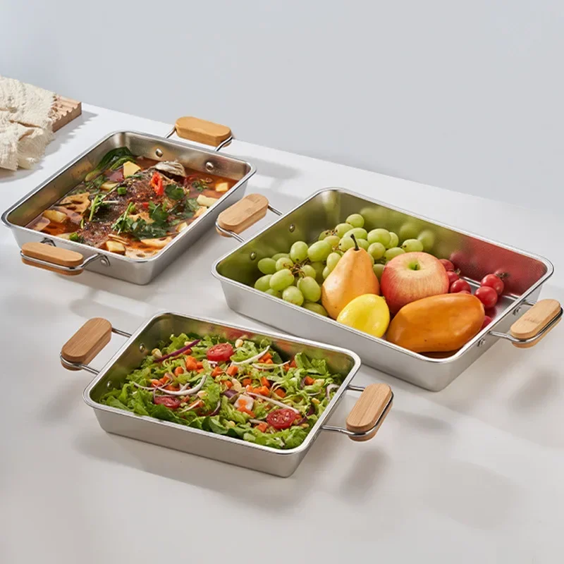 304 Stainless Steel Deepened Rectangular Grilled Fish Dish Household Binaural Tray Can Be Heated Microwave Oven Dinner Plates G