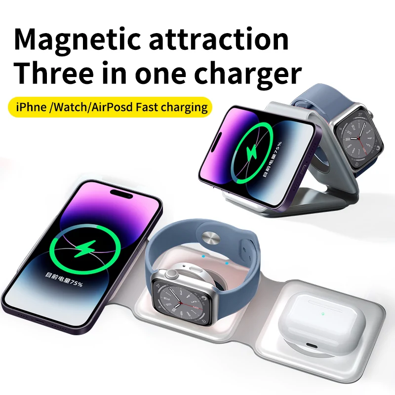 REMAX 15W Magnetic Wireless Charger for Iphone 14 Promax 13 12 Apple Airpods Pro iWatch Portable Foldable Fast Charging Dock