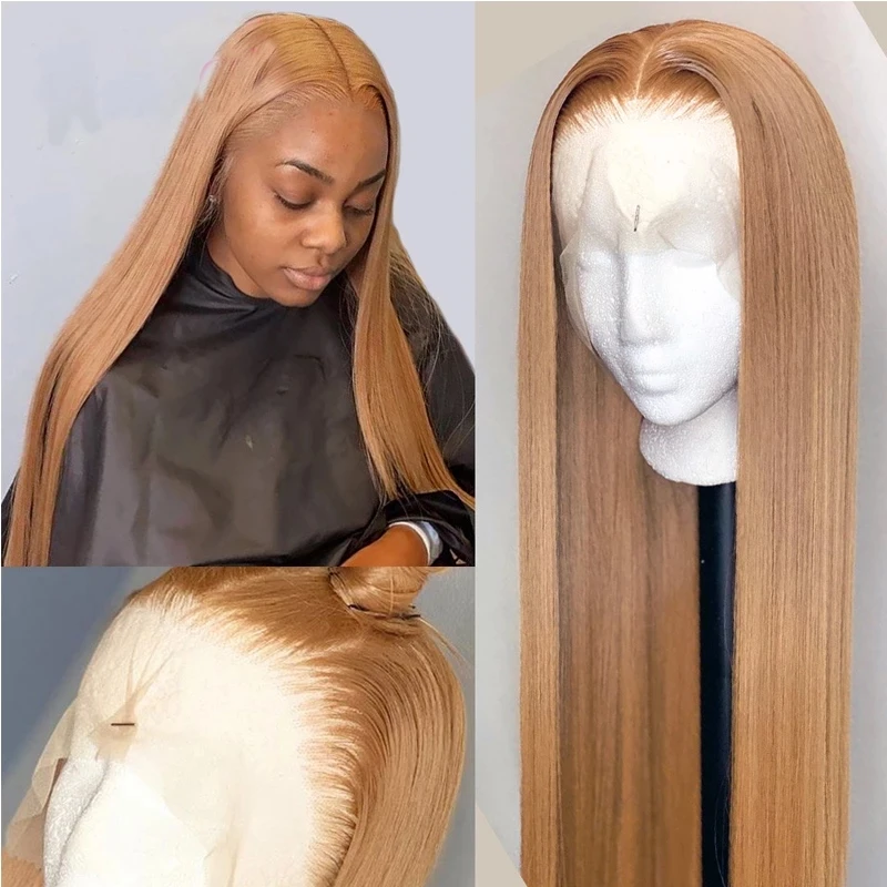 Honey Blonde Lace Front Wigs #27 Color Straight Synthetic Lace Wig with Baby Hair Long 26 Inch Natural Look Hear Resistant Fiber