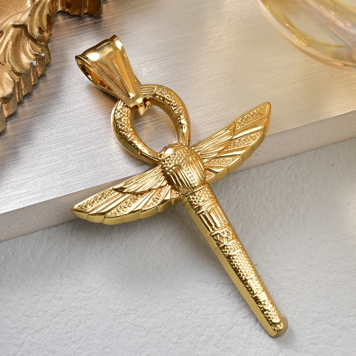 Gold Egyptian Ankh Cross Pendant Necklace Stainless Steel Scarab Winged Key of Life Vintage Jewelry for Men Women Daily Outfit