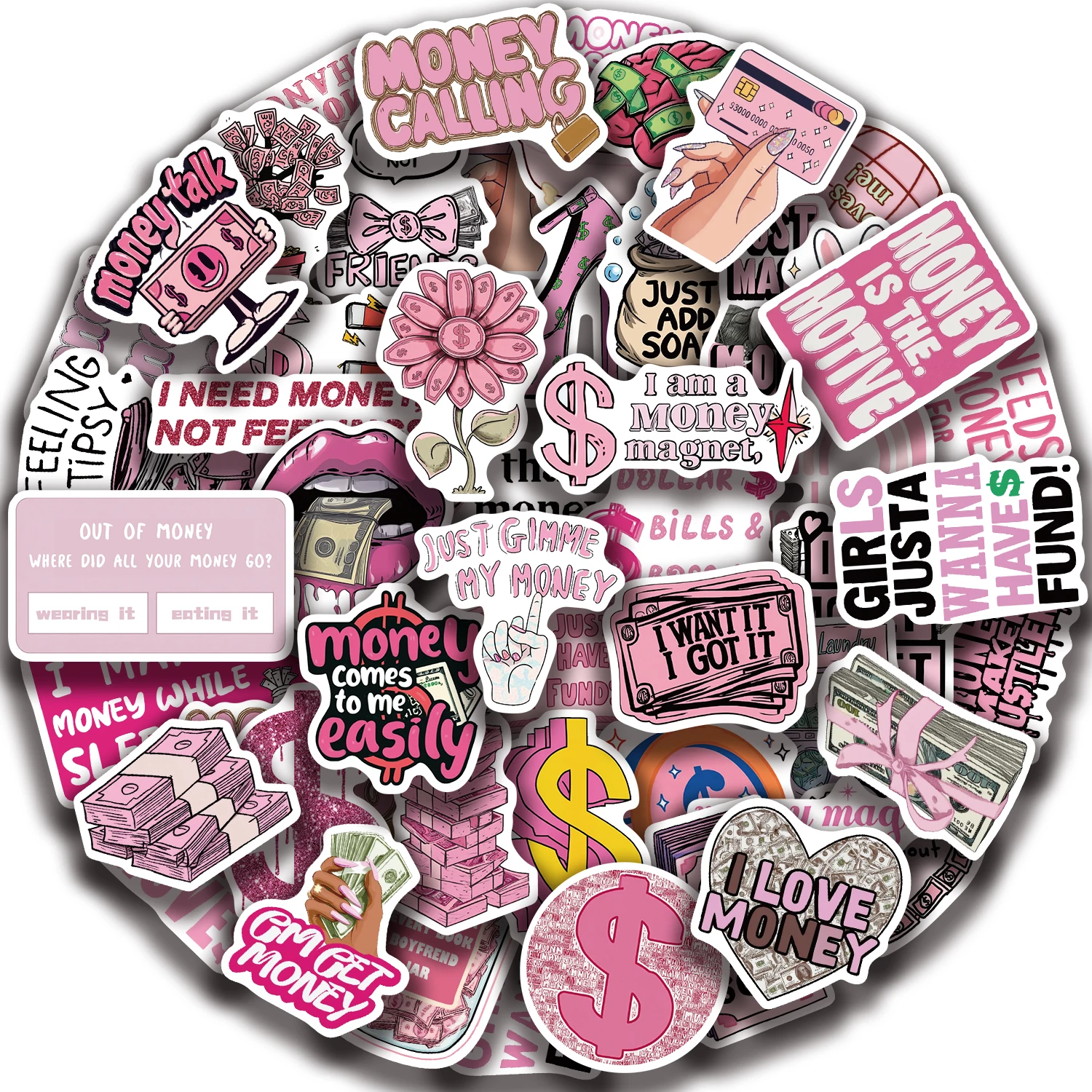 50PCS Pink Money Graffiti Stickers Decorated Laptop Motorcycle Suitcase Classic Toy Clipboard Waterproof PVC Decals