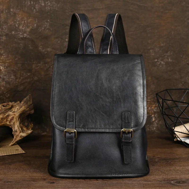 Vintage Genuine Leather Backpack Woman Black Female Real Cow Leather Bagpack Anti theft Ladies Double Shouder Bag