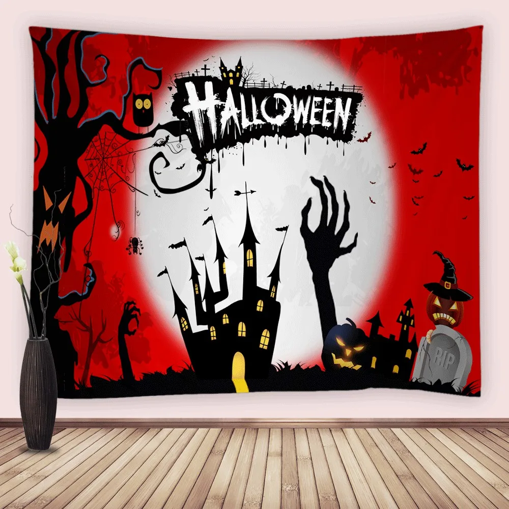 Halloween Photography Backdrop Full Moon Scary Night Castle Pumpkins Party Spooky Witch Bat Cemetery Decor Wall Hanging Tapestry