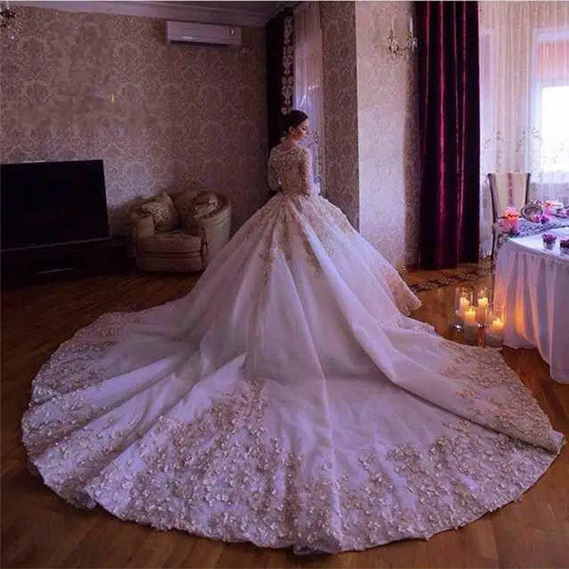 

New Ballgown Lace Applique Long Sleeves Wedding Dresses Robe De Mariée Cathedral Train Scoop Neckline Plus Size Bridal Gown