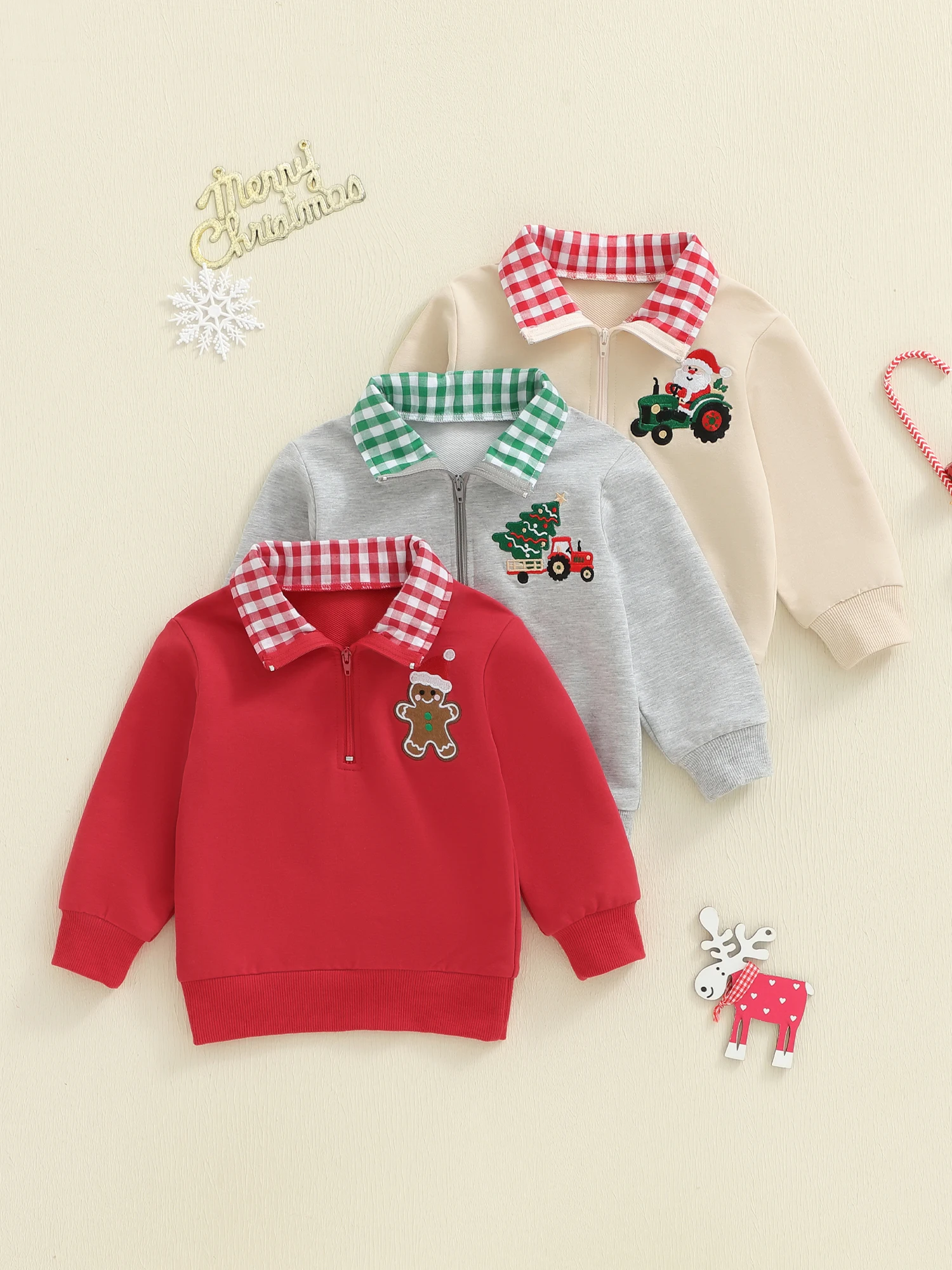

Christmas Toddler Boy Gingerbread Man Embroidered Sweatshirt with Lapel Zip Front and Loose Fit Long Sleeve Pullover Tops