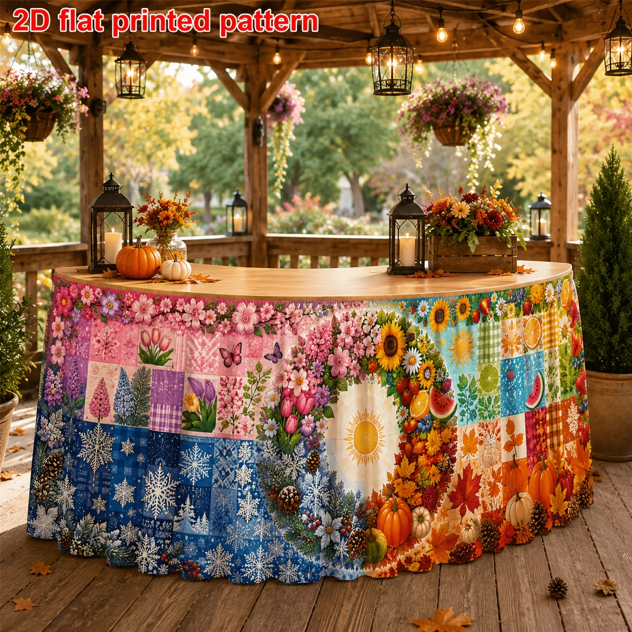 One table skirt. Four-season patchwork printed table skirt. Spring flowers. Summer fruits. Autumn pumpkins.xzj