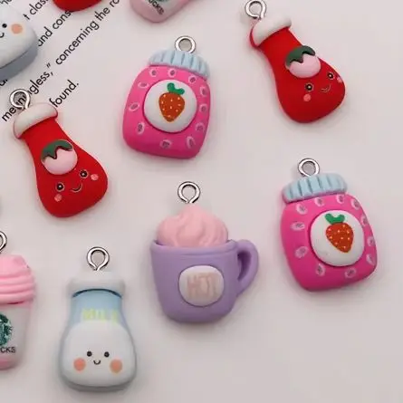 10pcs Hot Selling Resin Kawaii Strawberry Drink Charm Cup Pendant for Keychain, Earring, Scrapbooking, DIY Making, Necklace