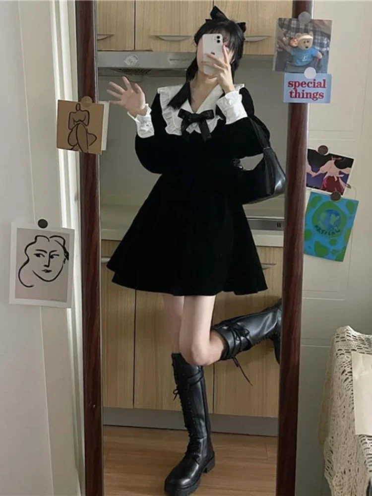 

HOUZHOU Kawaii Bow Dress Women Japanese Preppy Style Long Sleeve Mini Dresses Black Goth Vintage Lolita Outfits Sweet Streetwear