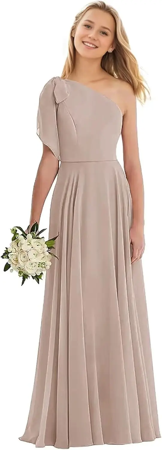 فساتين وصيفة الشرف للصغار بكتف واحد للفتيات المراهقات من الشيفون لفتاة الزهور وحزام ربطة عنق #1