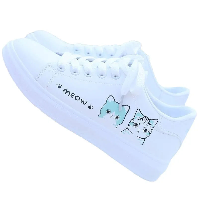Women Sneakers Fashion Breathble Vulcanized Shoes Pu Cute Cat Cartoon Lace Up Casual White Women Shoes Zapatos De Mujer Female