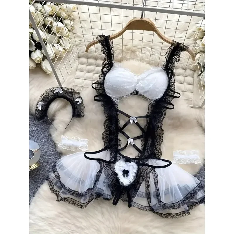

Naughty Maid Role Play Costume Bodysuit for Women Sexy Lingerie Bow Lace Decoration Suspender Dress Cosplay Underwear