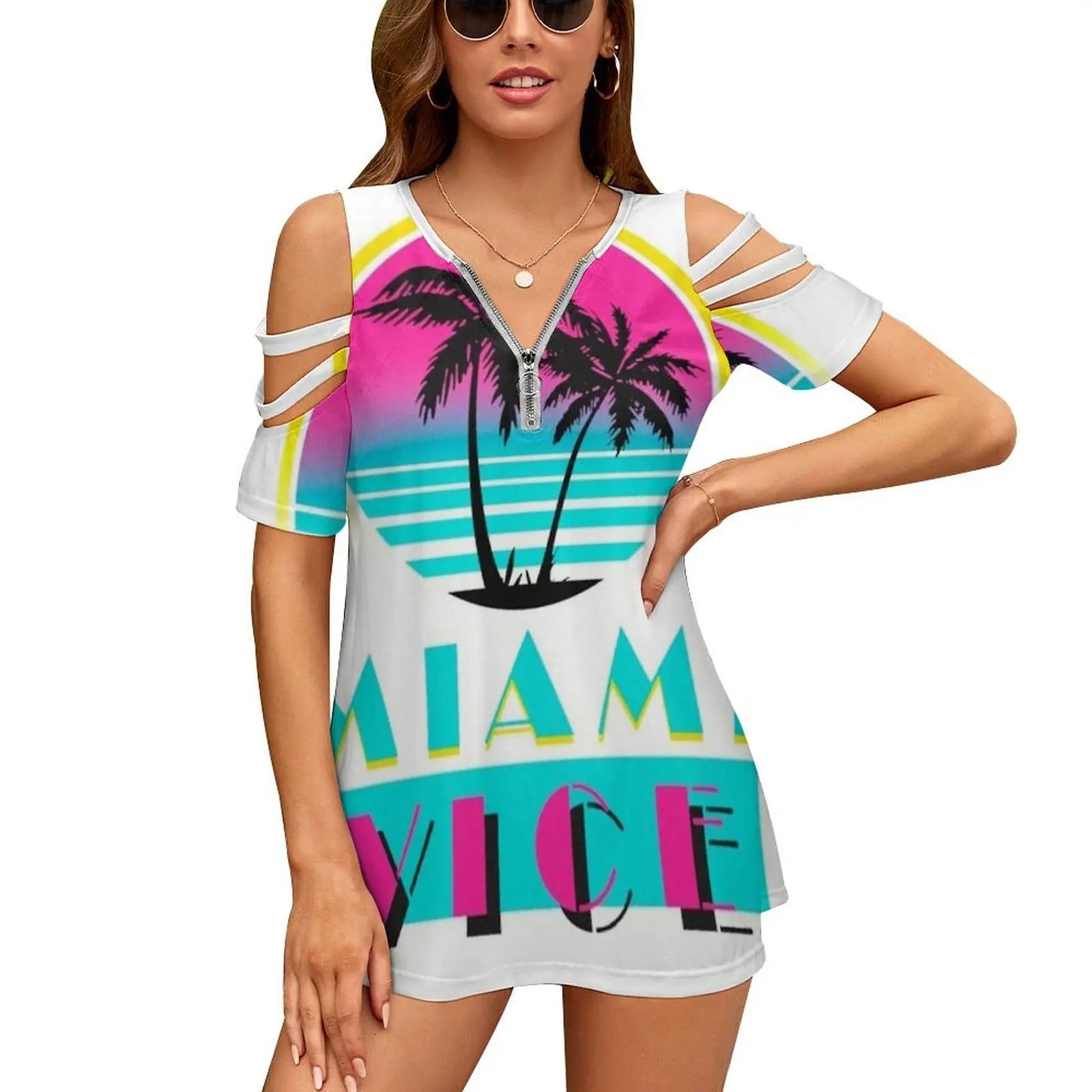 Miami Vice Women Zipper Sexy Printed Vintage T Shirts Tops Full Print T-Shirt Miami Vice Miami Beach Life Coastal Florida Tv