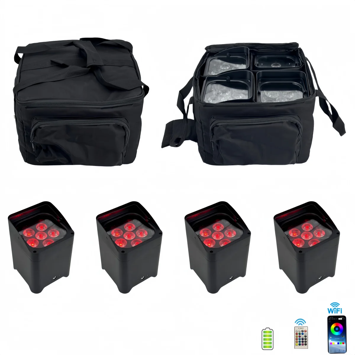 

4 шт. с сумкой, 6x18 Вт, светодиодный светильник Par, 6 в 1, RGBWA/UV, беспроводной встроенный аккумулятор, пульт дистанционного управления, Wi-Fi, сценический светильник для DJ Disco KTV