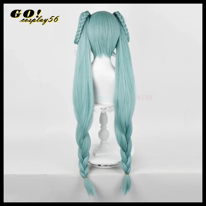 2023 Miku Flowers Cosplay Wig 95cm Long Braided Ponytails Mixed Green Hair Straight Pigtail Virtual Idol Vtuber Headwear