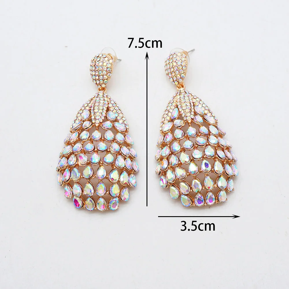 Damen AB Kristall Tropfen-Ohrringe Goldfarben Hohle Strass-Ohrhänger Hochzeit Party Braut Statement-Schmuck Geschenk – Detail 3