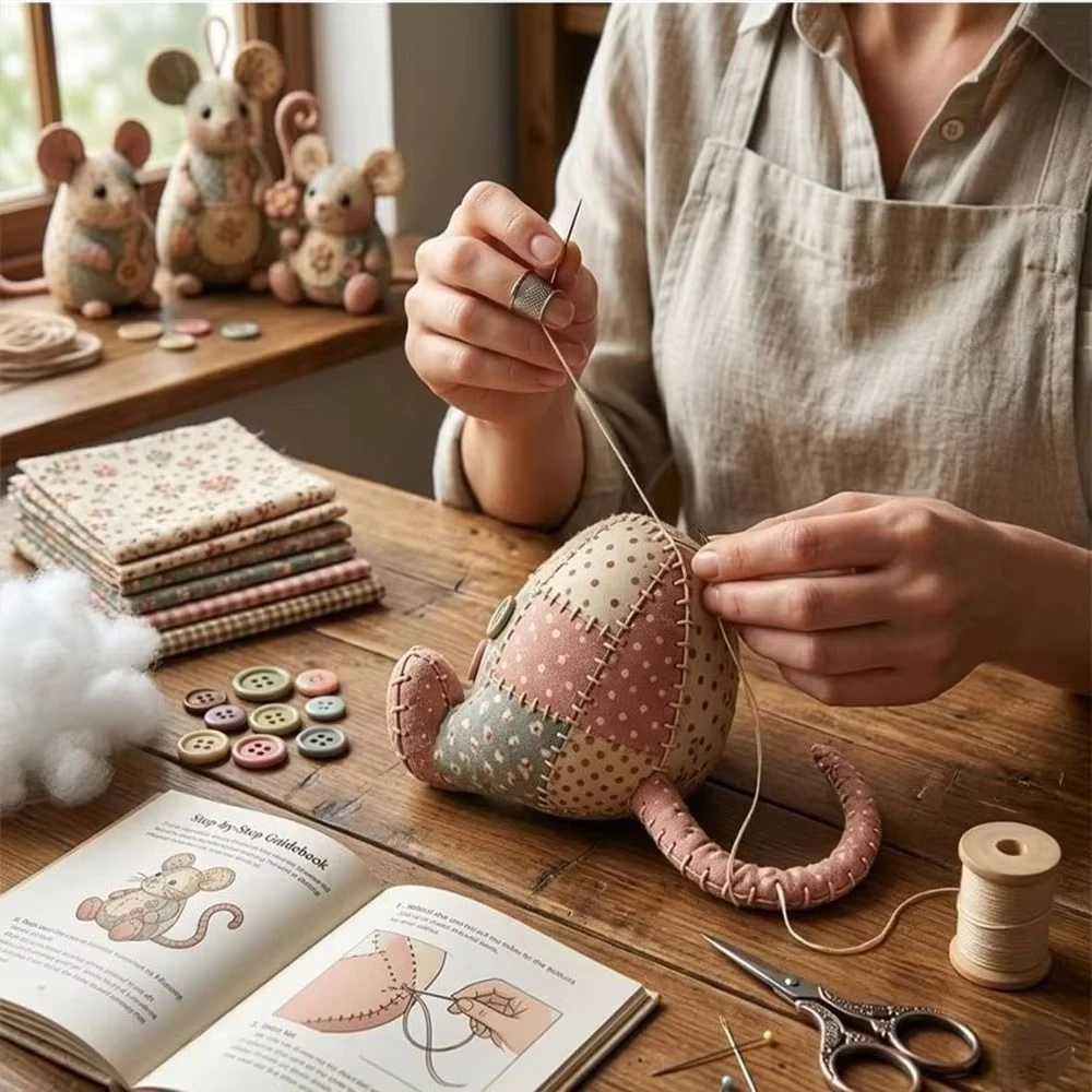 Handmade Patchwork Mouse Kit with Pre-Cut Fabric Step-by-Step Guide Sewing Craft Set with Stuffing & Buttons Included