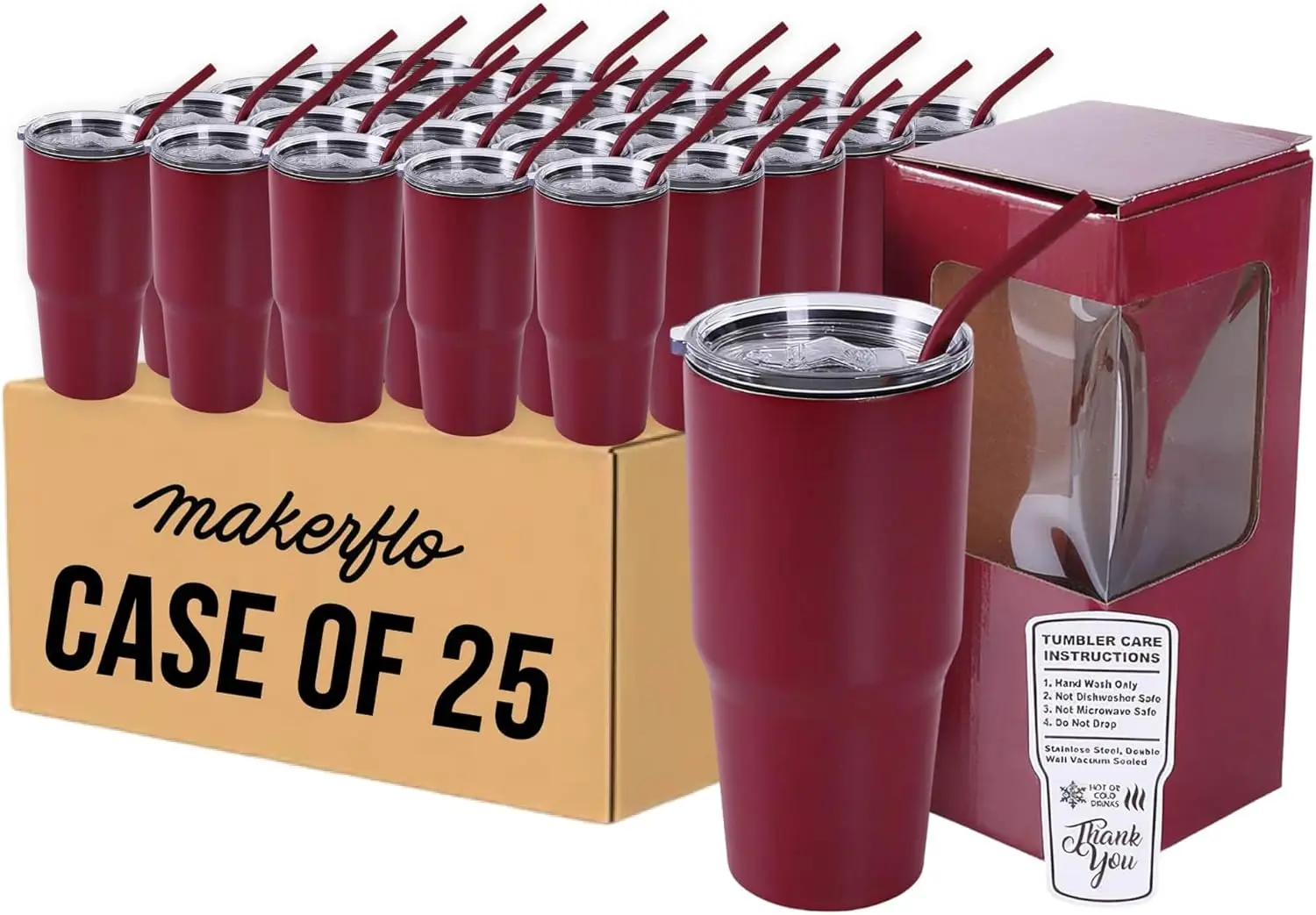 

30 oz Maroon Powder Coated Tumbler Pack of 25 with MakerTwist™ System, Twist-On Handle Option (Handle Sold Separately) Customiza