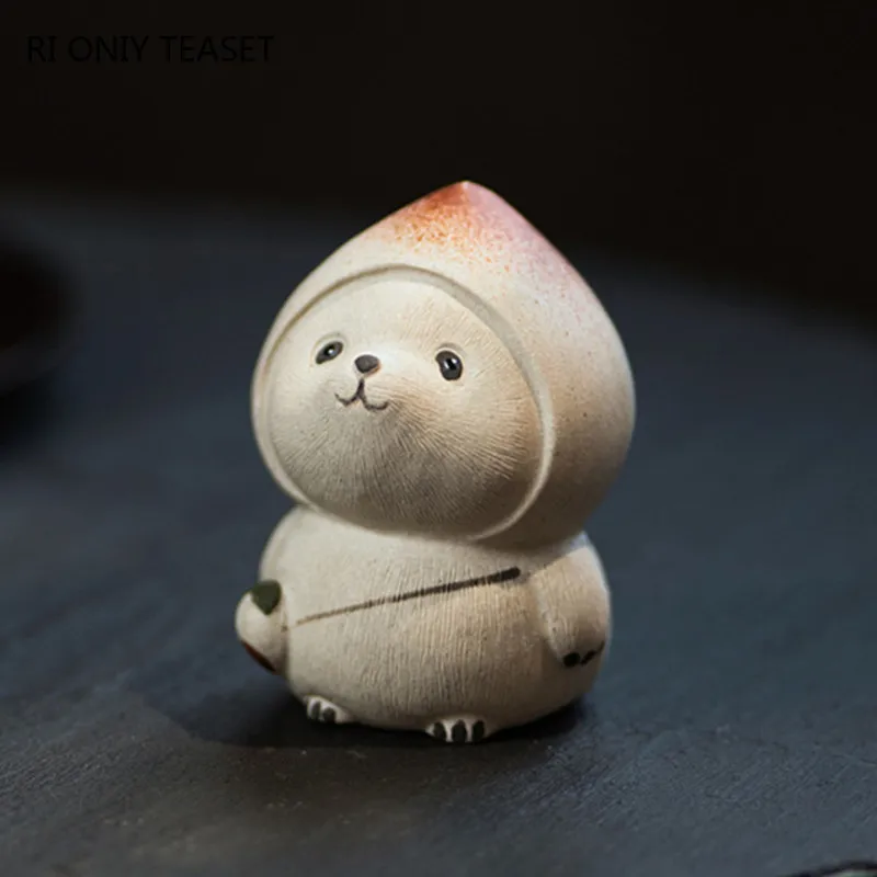 Panda Tea Pet with Peach Hat Peach Model Ornaments Yixing Purple Clay Tea Pet Tea Figurine Crafts Chinese Lucky Tea Set