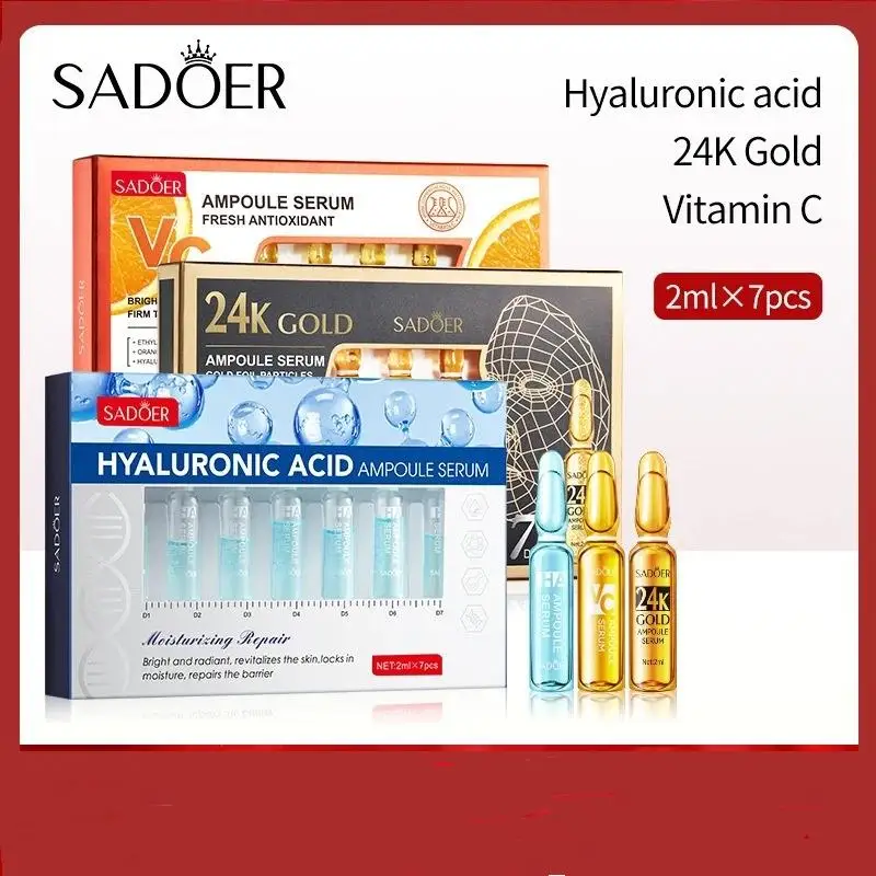 7pcs SADOER Ampoule Vitamin C 24K Gold Hyaluronic Acid Serum For Face Moisturizing Brightening Hydrating Facial Essence