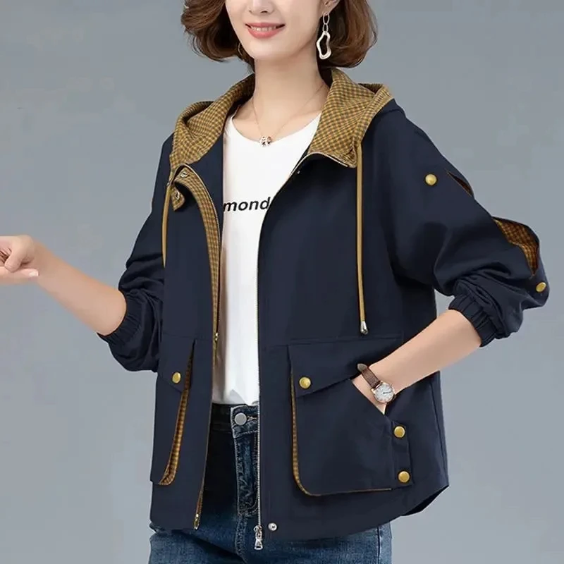 2023 NEW Spring Autumn Short jacket Middle-Aged Women Hooded Tops Loose Casual Coat Large Size Mother Outerwear Windbreaker