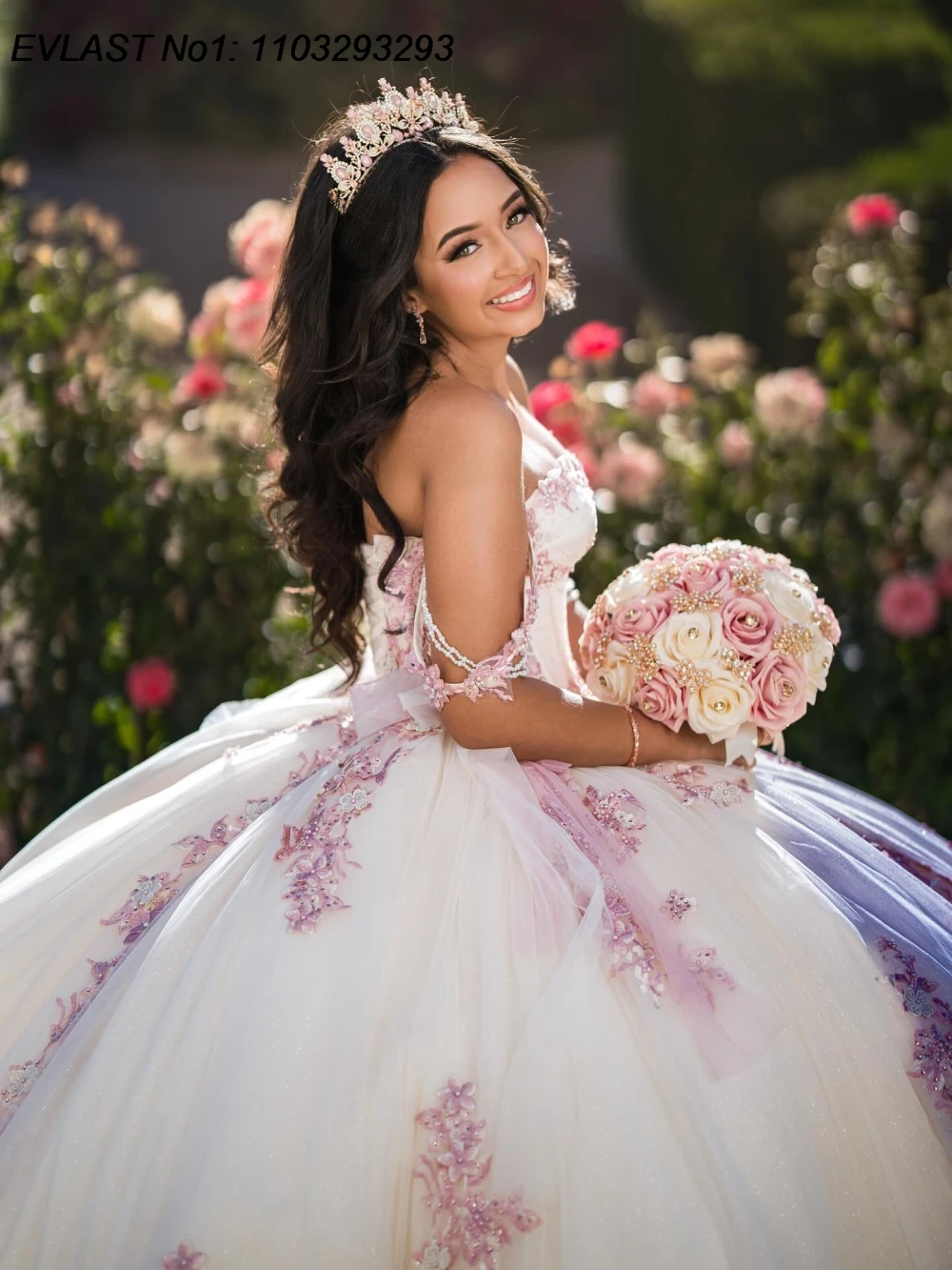 EVLAST Personalizado Glitter Marfim Quinceanera Vestido de Baile Rosa Floral Applique Beading Doce 16 Vestidos De 15 Anos E1QN652